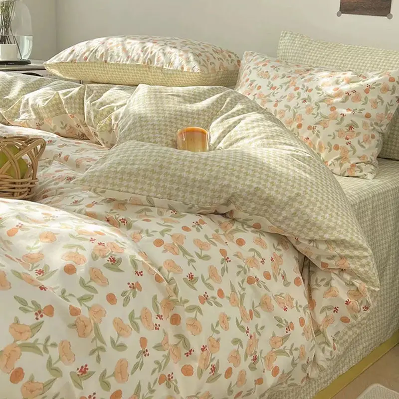 

Pastoral Style Bedding Set Soft Duvet Cover Floral Bedclothes Pillowcases Flat Sheets Single Double Queen Size Girls Bedspread