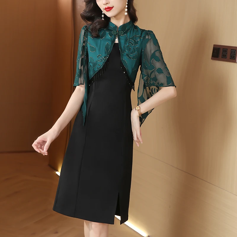 

2023 Summer New Silk Short Sleeve Printed Dress Fashion Lace Splice Slim Fit One Step Dress Women's Knee Length Gown