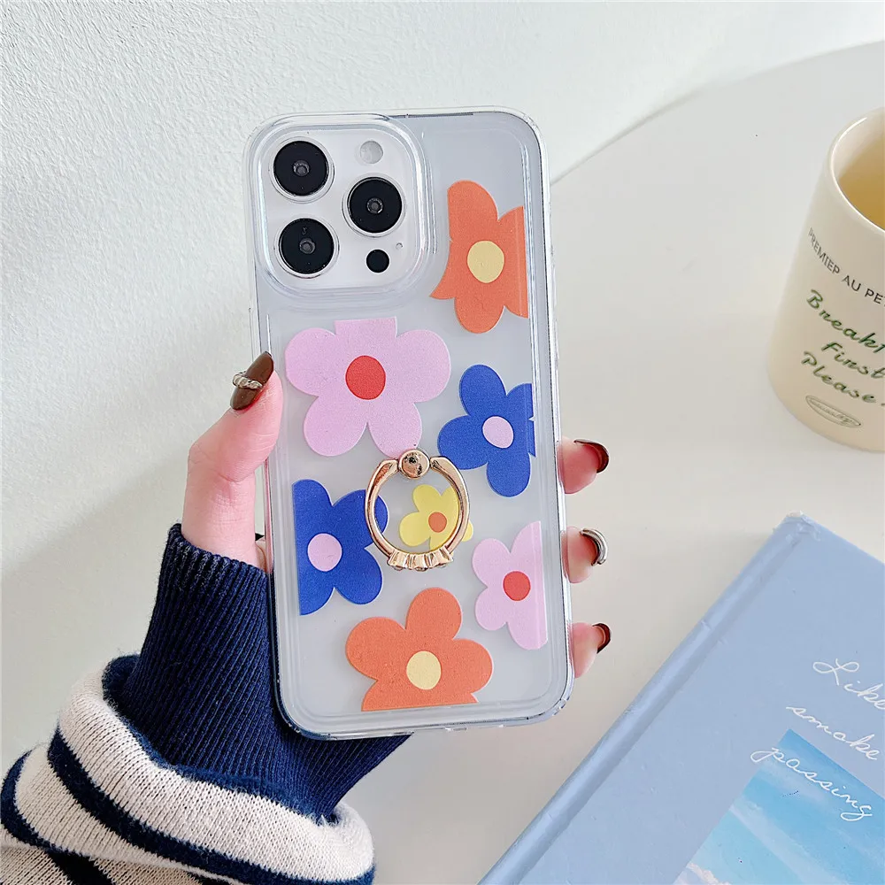 Coque de téléphone transparente avec porte-fleurs de Style coréen, étui Transparent pour iphone 15 14 12 13 11 Pro Max Plus, support Floral mignon pour fille_voghion.com