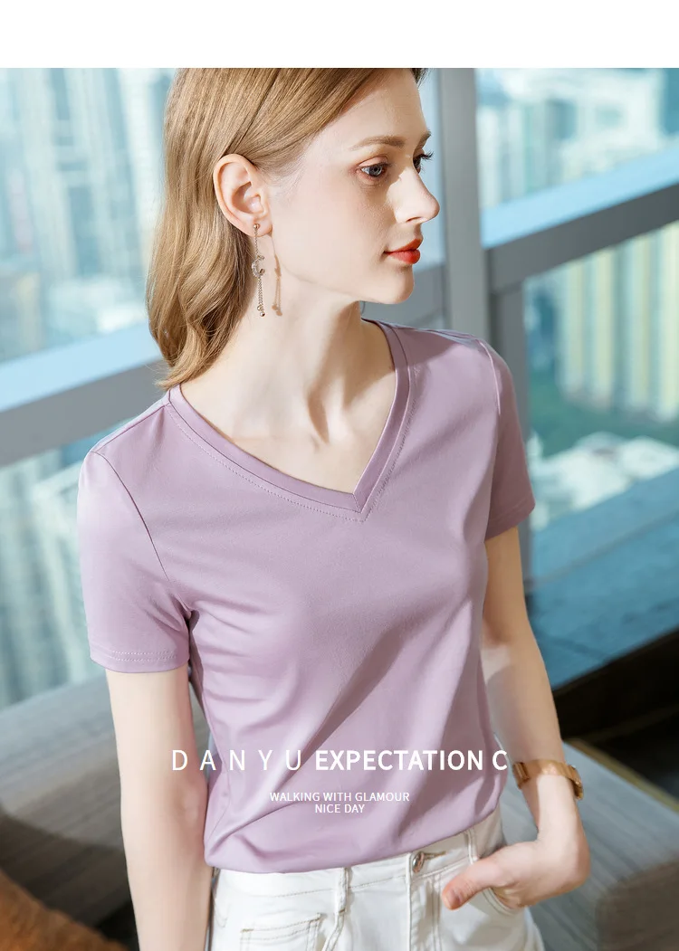 Ice Sensitive Silk Cotton V-neck Short Sleeved T-shirt for Women's Solid Round Neck Basic Commuting Elastic Oversized Top