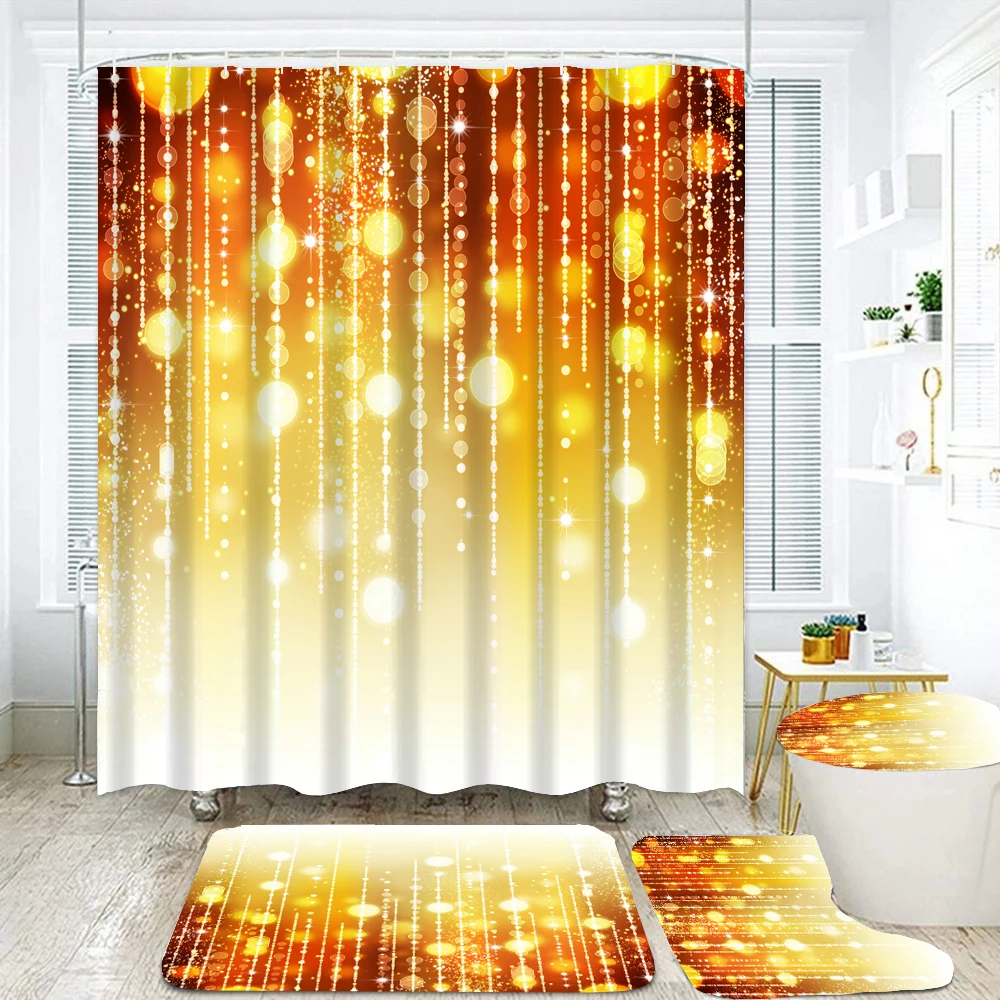 

Shower Curtain Set with Hooks Golden Glisten Print Fabric Bathroom Curtain Decor Non-Slip Rug Toilet Seat Cover Bath Mats Sets