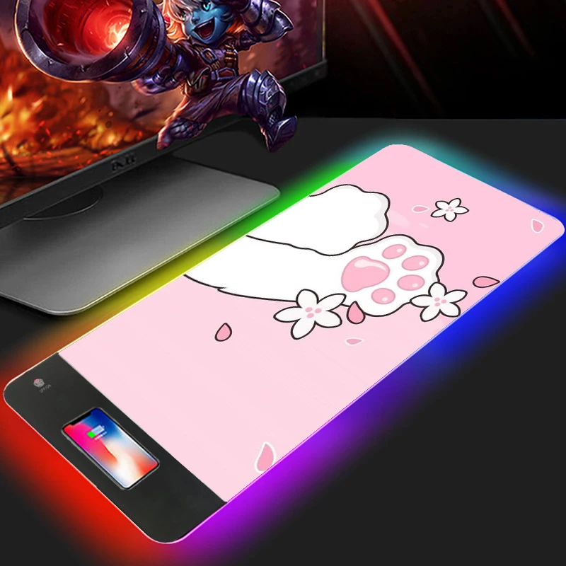 

Pink cat paw cartoon RYRA mouse pad gamer cute soft RGB computer pad game rubber non-slip large table mat pause keyboard pad