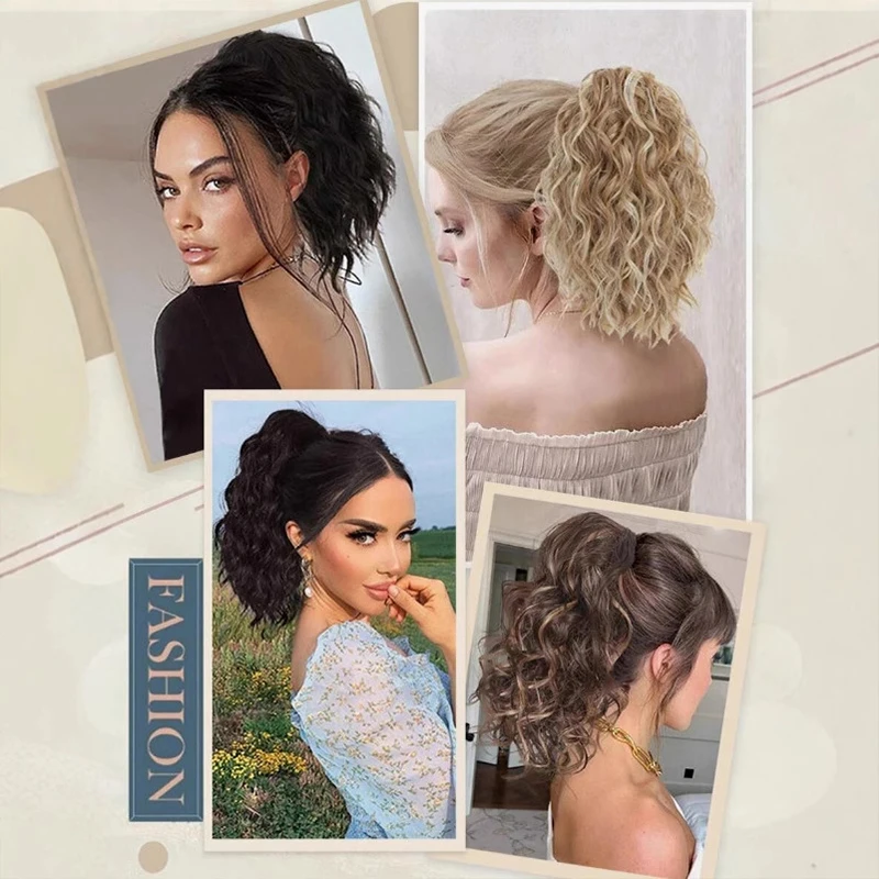 Wig, corn perm, short curly hair, ponytail, grab clip, drawstring, high-temperature silk wig, ponytail fluffy wig