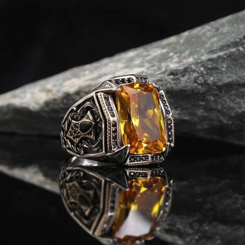 New Men's Turkish Handmade Jewelry Citrine Punk Party Ring - Image 3