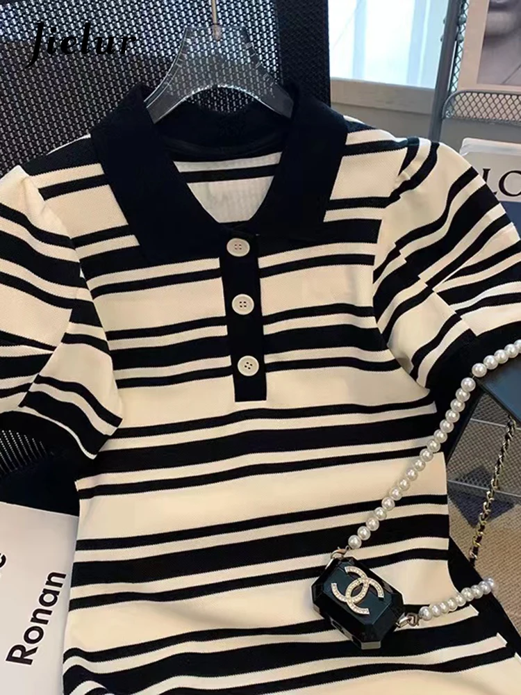 

Jielur Летнее платье Женское платье Французские боковые полоски воротник Пушистые рукава Платье Женское платье