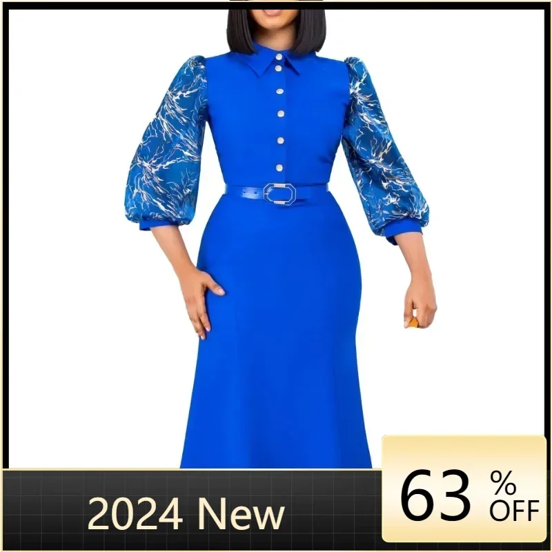 

Patchwork Button Midi Dress African Dress for Women Sexy Daily Elegant Long Bodycon Dresses With Belt Robe Femme African Clothes