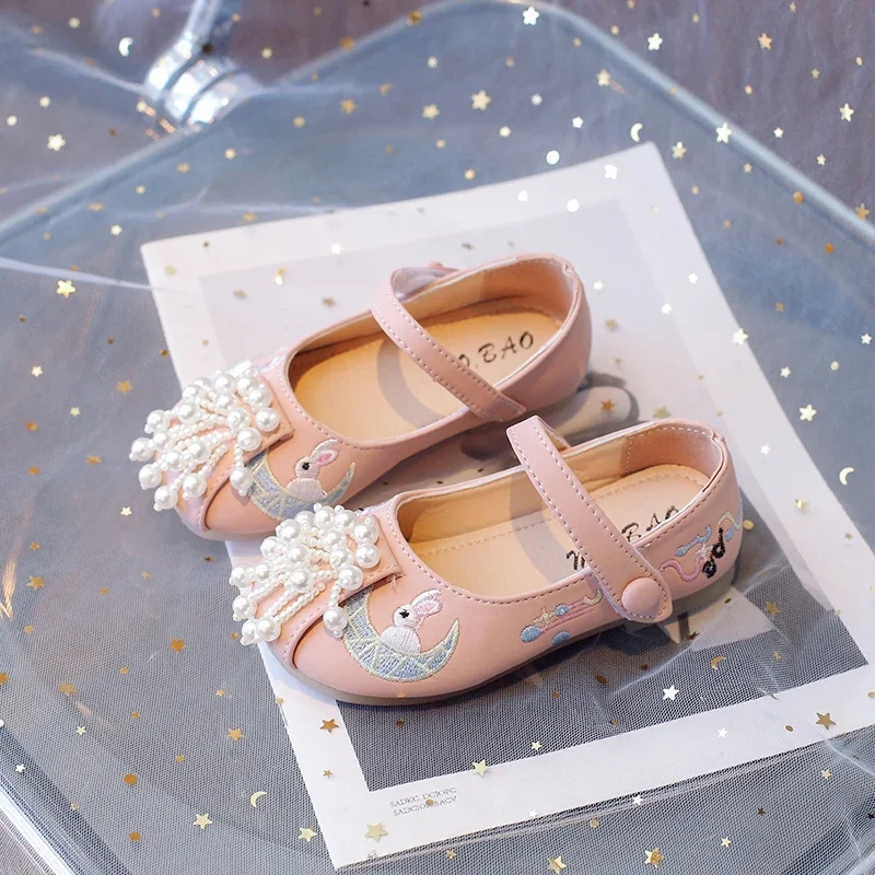 

Spring Autumn Children's Flats Sweet Pearl Tassel Leather Shoes for Girls Fashion Embroider Kid Princess Hanfu Performance Shoes