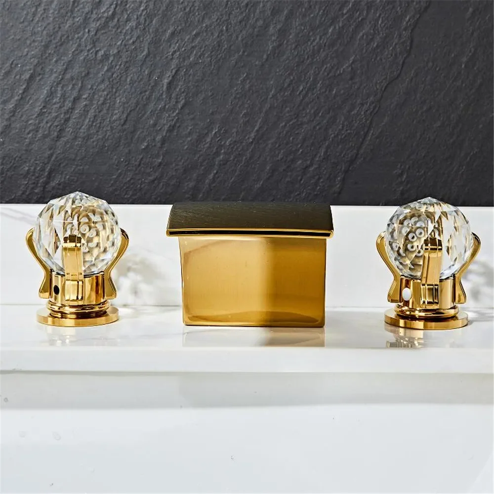 Description Picture 5 of itemBlack Basin Faucet Brass Gold Widespread Bathroom Crystal Sink Faucets 3 Hole Hot And Cold Waterfall Tap