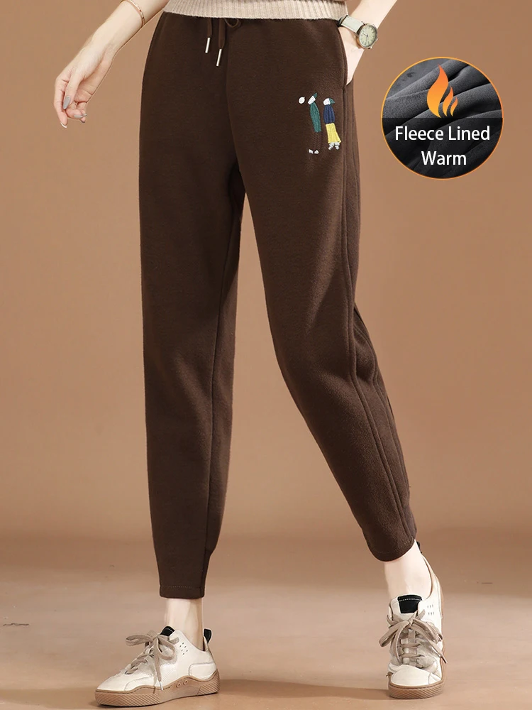 

HCXR Women Pants 2023 Winter Elastic High Waist Embroidery Design Fleece Lined Pant Casual Loose Warm Trouser