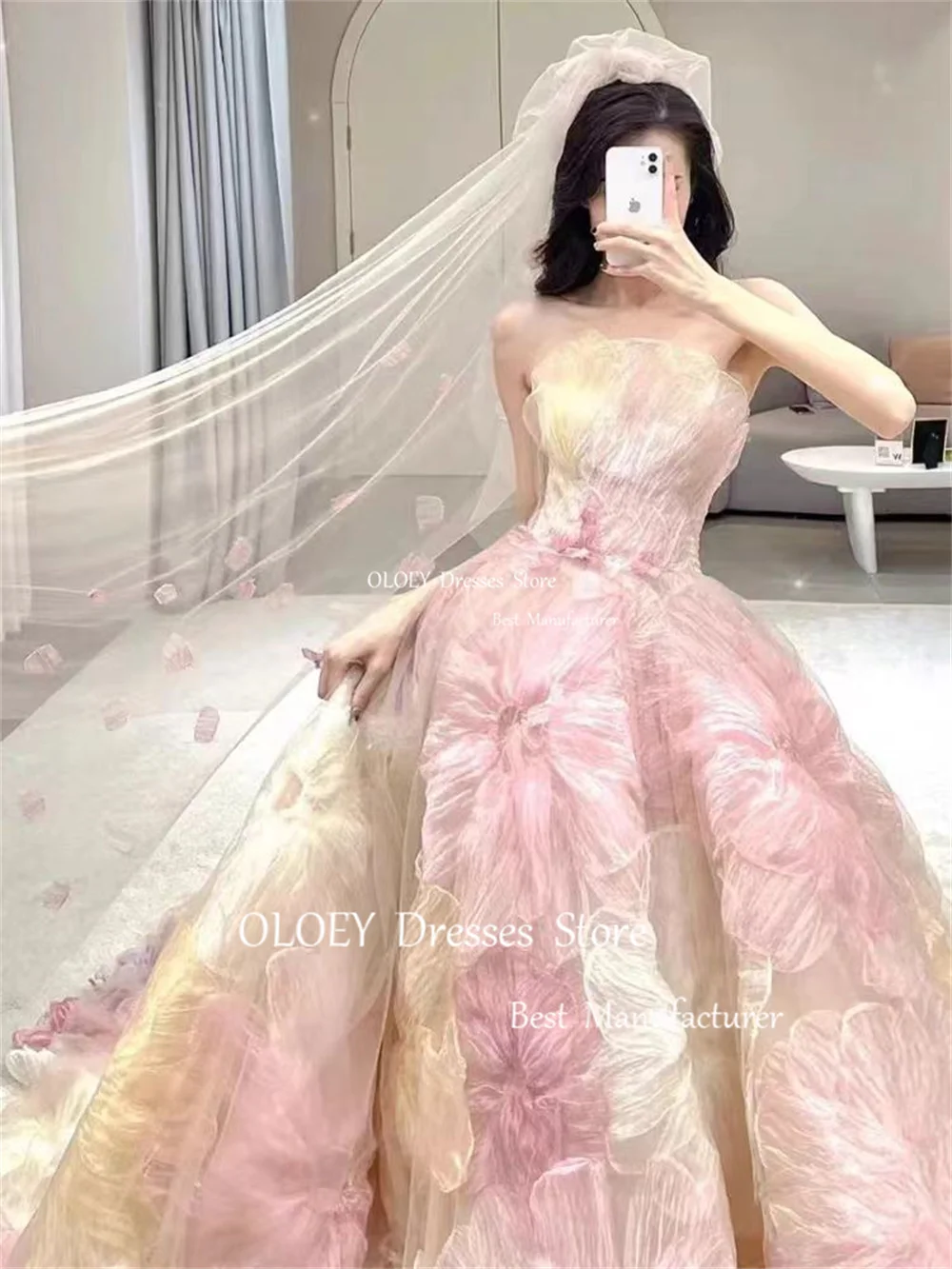 OLOEY Exquisite Floral Prom Dresses Korea Wedding Photoshoot Strapless 3D Flowers Sweep Train Evening Dresses Customized women prom dresses