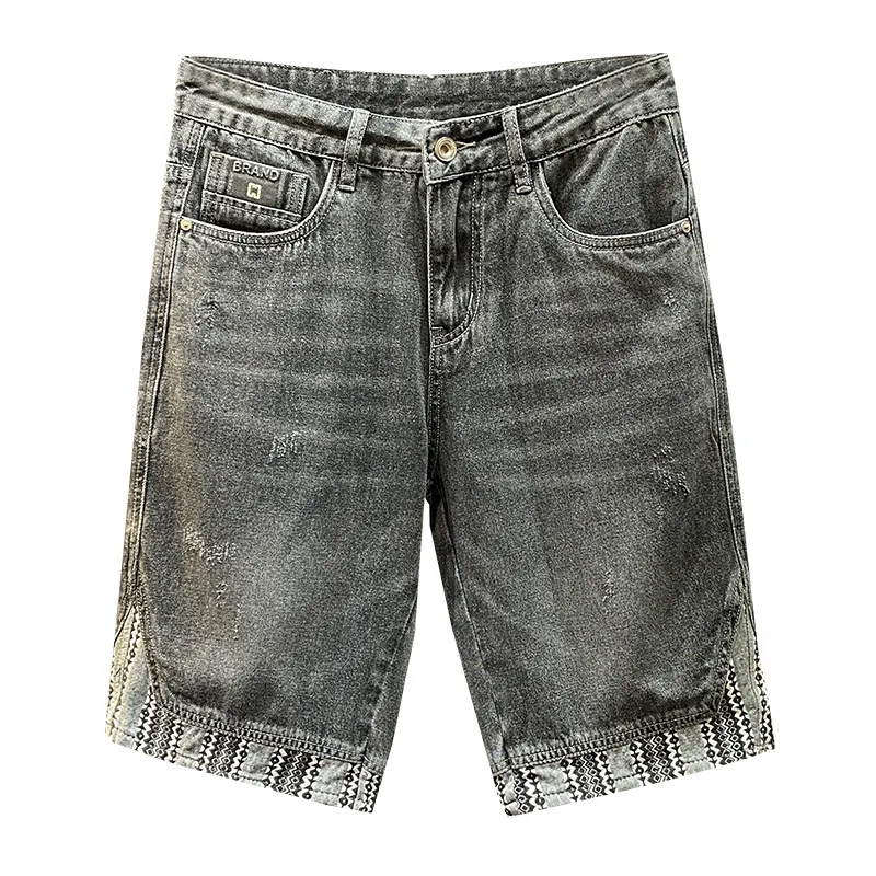 Men's High-End Stitching Jeans2024Summer Thin Loose Shorts Fashion Brand Casual All-Match Pu Shuai Fifth Pants