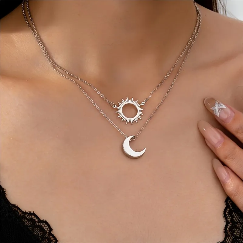 Elegant Bohemian Style 18K Golden Plated Sun & Moon Pendant Necklace for Women Double Choker Neck Party Jewelry Gifts