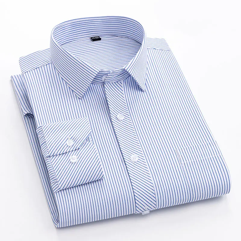 Long Sleeve Formal Mens Striped Dress Shirts Social Turn-down Collar With Pocket Regular Fit Business Smart Casual Shirt For Man