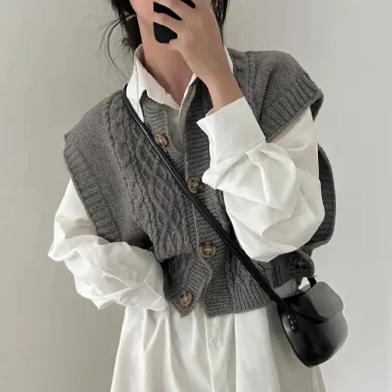New Fashion Retro Sweater Vest Elegant Crew Neck Knitted Button Cardigan Single-breasted Office Women's Sleeveless Top