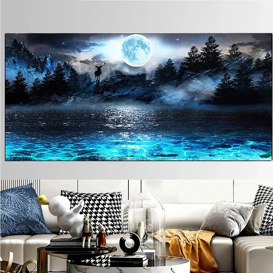 

Алмазная 5d мозаика «сделай сам», большая мозаика с Луной, синим морем, полная выкладка, мозаика с изображением гор и оленей, украшение для мозаики