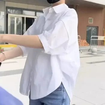 Women Blouses Elegant Streetwear Office Casual Loose Button Up White Blue Long Sleeve Vintage Oversize Shirt Tops 1