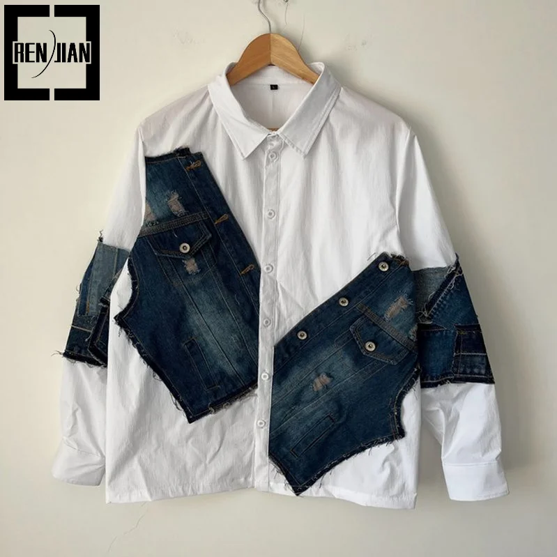 

Men's Fashion High Street Patched Shirt Streetwear Personality Long Sleeve Shirts With Jeans Patchwork Designer Tops