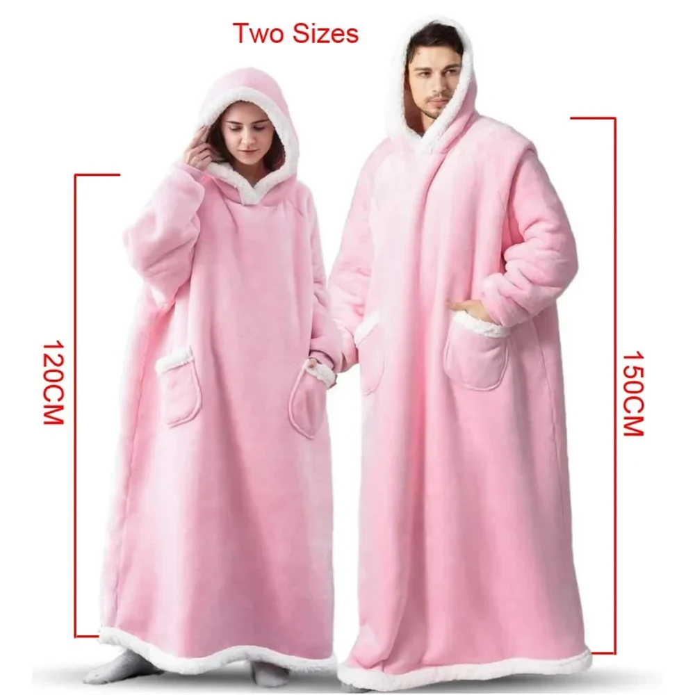 180cm Superlange Flanell-Decke mit Ärmeln, Winter-Kapuzenpullover, Sweatshirt für Damen und Herren, Übergroßer Fleece-Pullover für Draußen – Detail 10