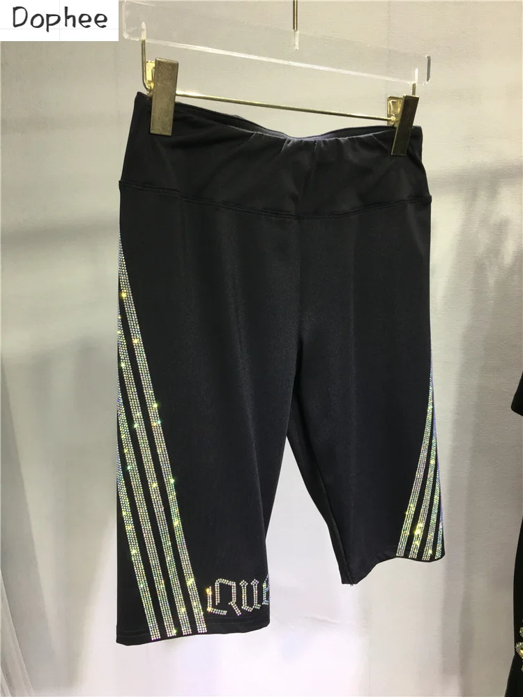 High Quality Hot Drilling Knee-length Leggings for Women 2023 New Summer All-match Skiny Bottoming Pants Black Fitness Pants