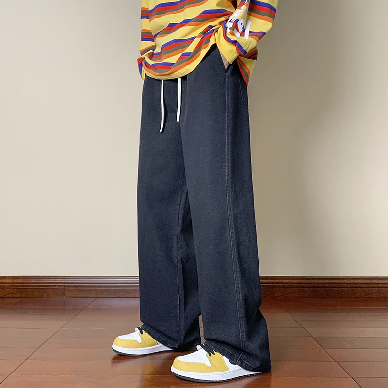 Korean Fashion Men's Black Baggy Jeans Drawstring Design Elastic Waist Streetwear Jeans Loose