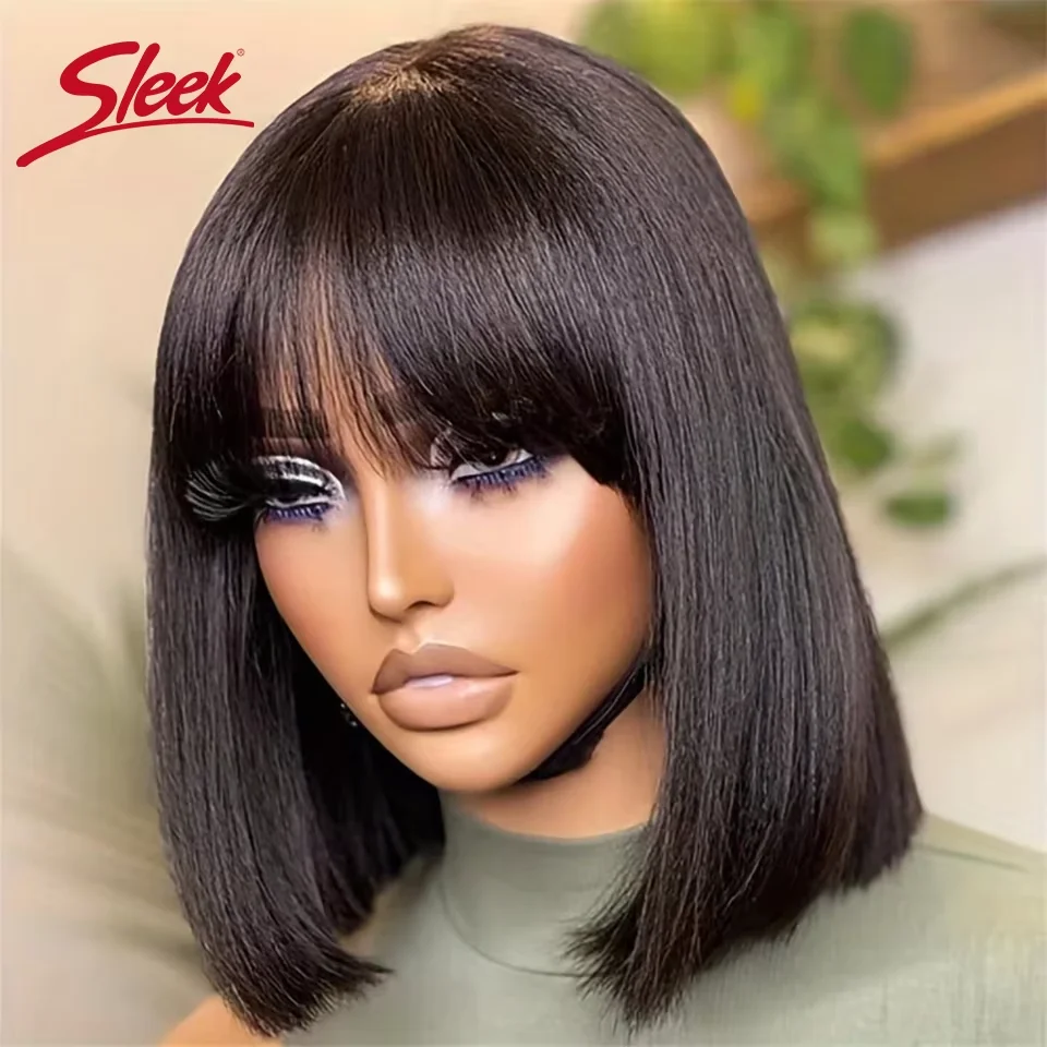 Nature Straight Bob Wigs With Bang Sleek Brazilian Short Hair Bob Wigs For Black Women Red 99J Glueless Machine Made human hair wigs
