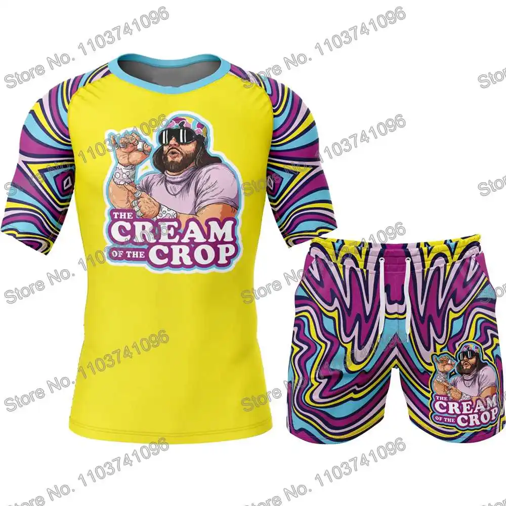 Macho Man Rash Guard Diving T-Shirt Shorts BJJ Boxing MMA Swimwear Men Summer Short Sleeve Surf Clothing Women GYM Tops Sports