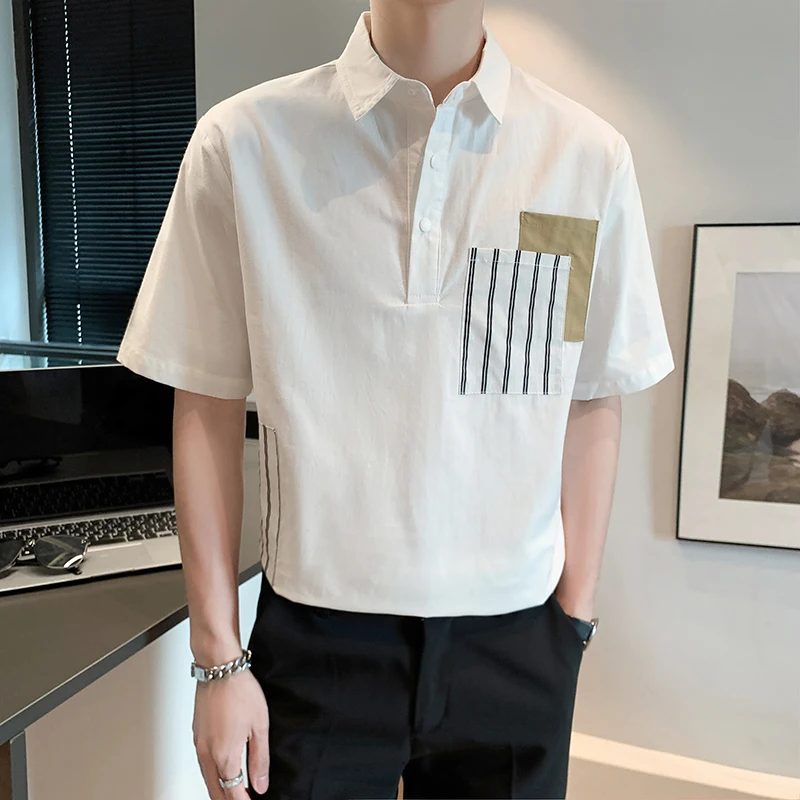 

2024 Loose Casual Fashion Patchwork T-shirts Contrasting Colors Summer Short Sleeve Men's Clothing All-match Polo Shirts A11