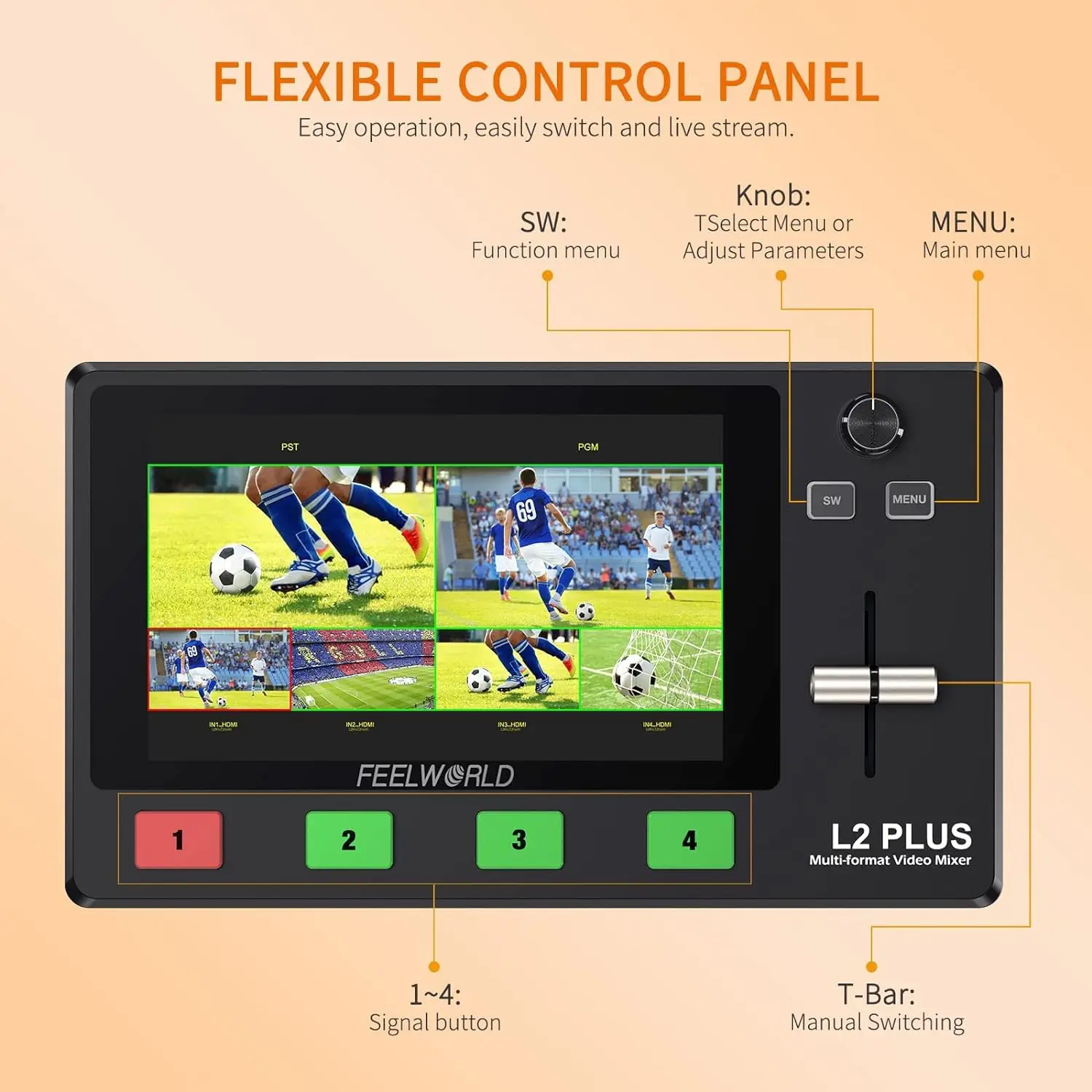 

FEELWORLD L2 PLUS Multi-camera Video Mixer Switcher with 5.5" LCD Touch Screen PTZ Control Chroma Key USB3.0 live streaming