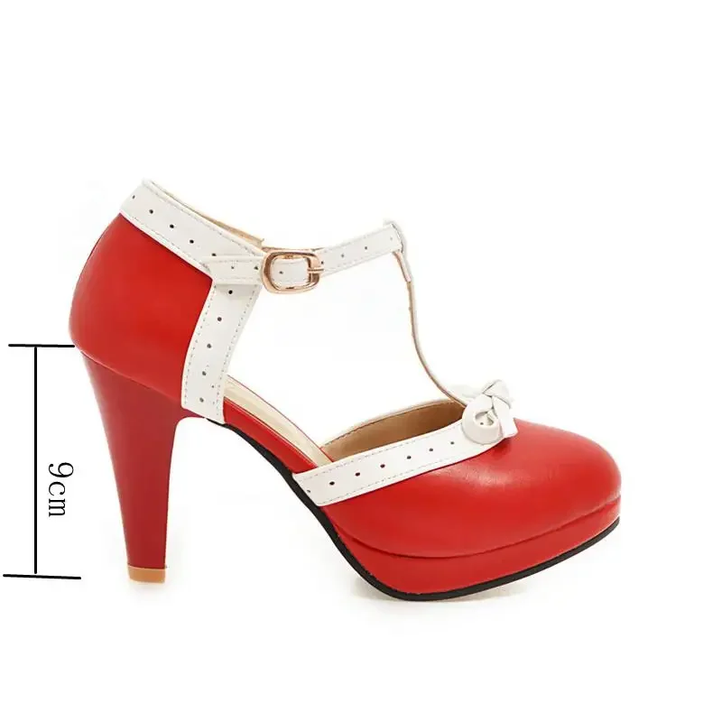 Plus Size 44 High Heel Shoes Round Toe Heel Pumps Women's Platform Pumps with Bow Party Wedding Footwear T Strap women shoes