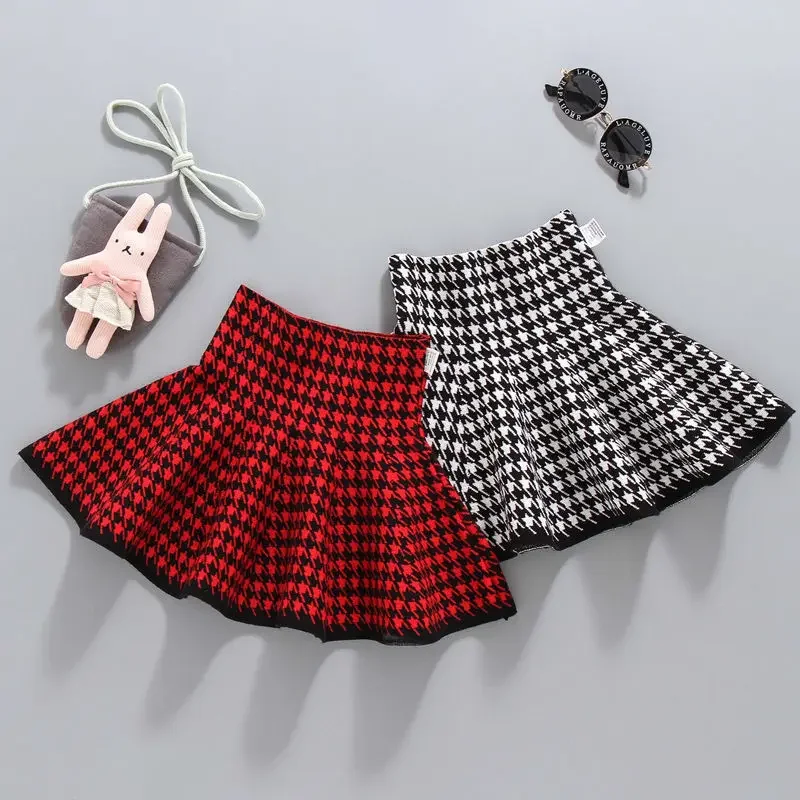 

2024 Teenage Fashion Girls Autumn Winter Baby Girl Knitted Skirts Korean Style Plaid Toddlers Kids Pleated A Line Skirts 4-12Yrs
