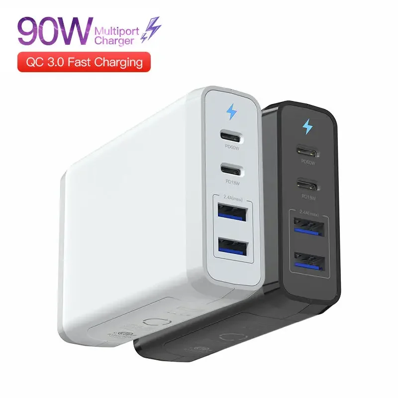 맥북 아이패드 아이폰 태블릿 폰 안드로이드용 고속 전원 어댑터 충전기, USB 타입 C, 미국, 영국, EU, AU 멀티포트 PD, 90W, 75W, 4 포트