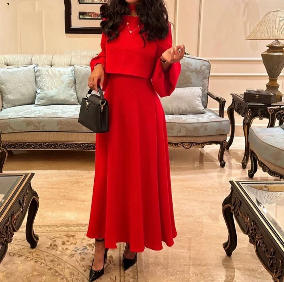Elegant Two Pieces Red Prom Dresses O-Neck Long Sleeves Evening Gowns Ankle Length Formal Occasion Party Dresses women prom dresses