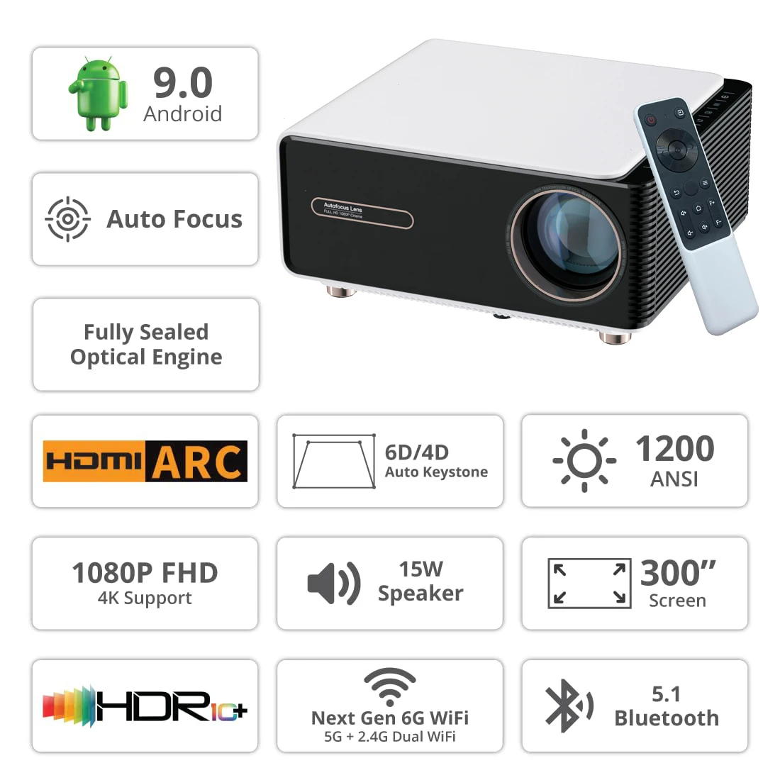 WZATCO A1 Brightest 5G WiFi Smart Full HD 1080P 4K Projector Auto Focus Fully Sealed Engine for Home Theater LED Proyector Beame