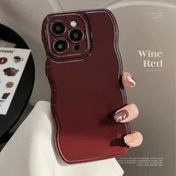 Elegant Wine Red Wavy Edge Phone Case - Soft Silicone Shockproof Protective Cover - iPhone 15 Plus (Red)
