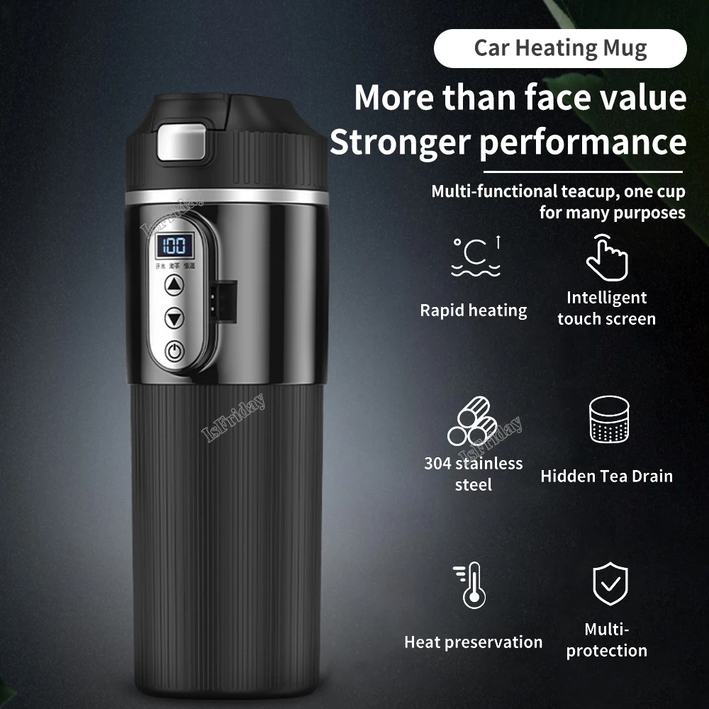Car Heating Cup 12V/24V Car Heating Cup Digital LCD Display Electric Kettle Smart Temp Control Heat100&deg;C Portable Car Heating Cup500ML Thermos Cup