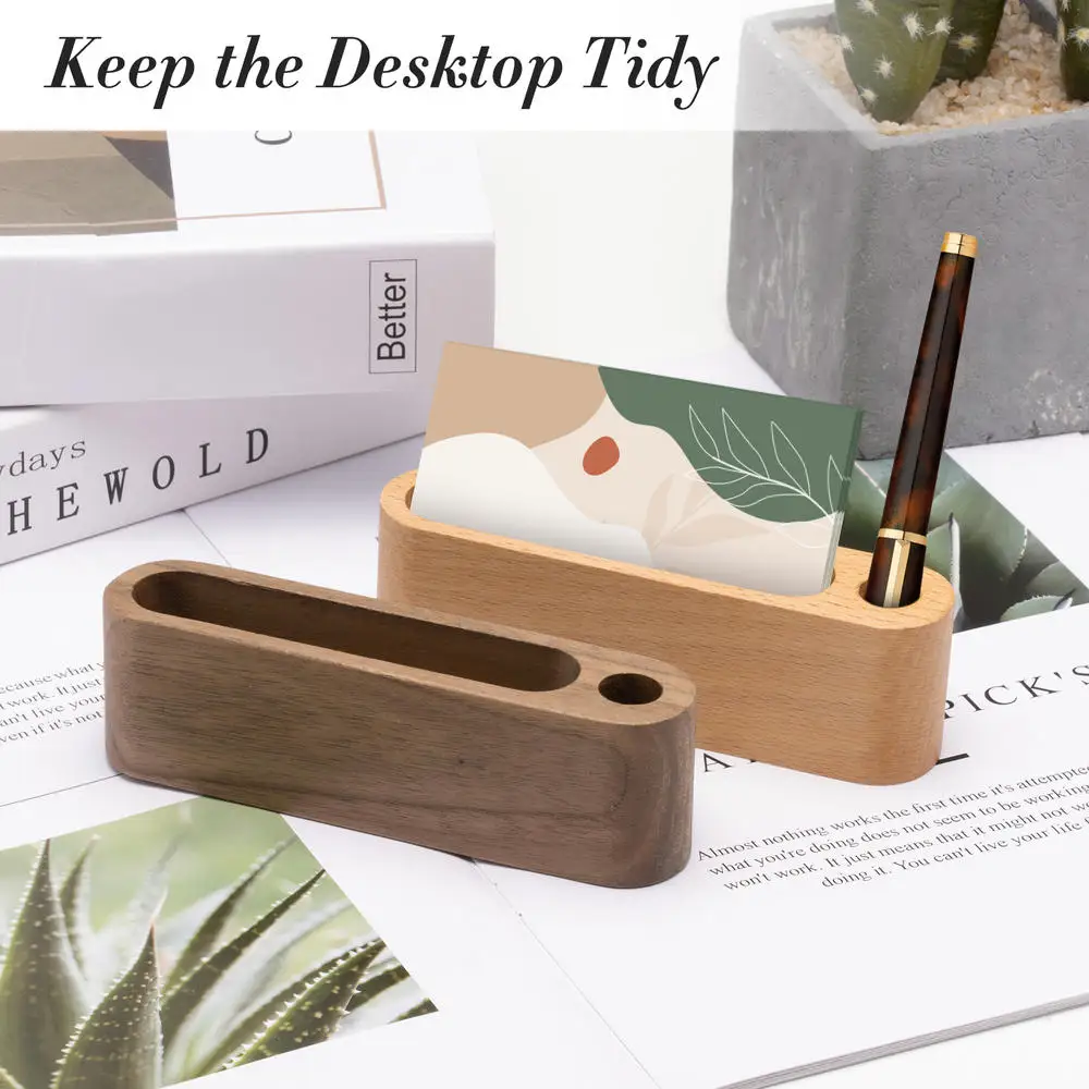 New Wood Business Card Holder with Pen Slot for Desk Wooden Display Business Memo Pad Cards Stand Box for Office Tabletop 2024