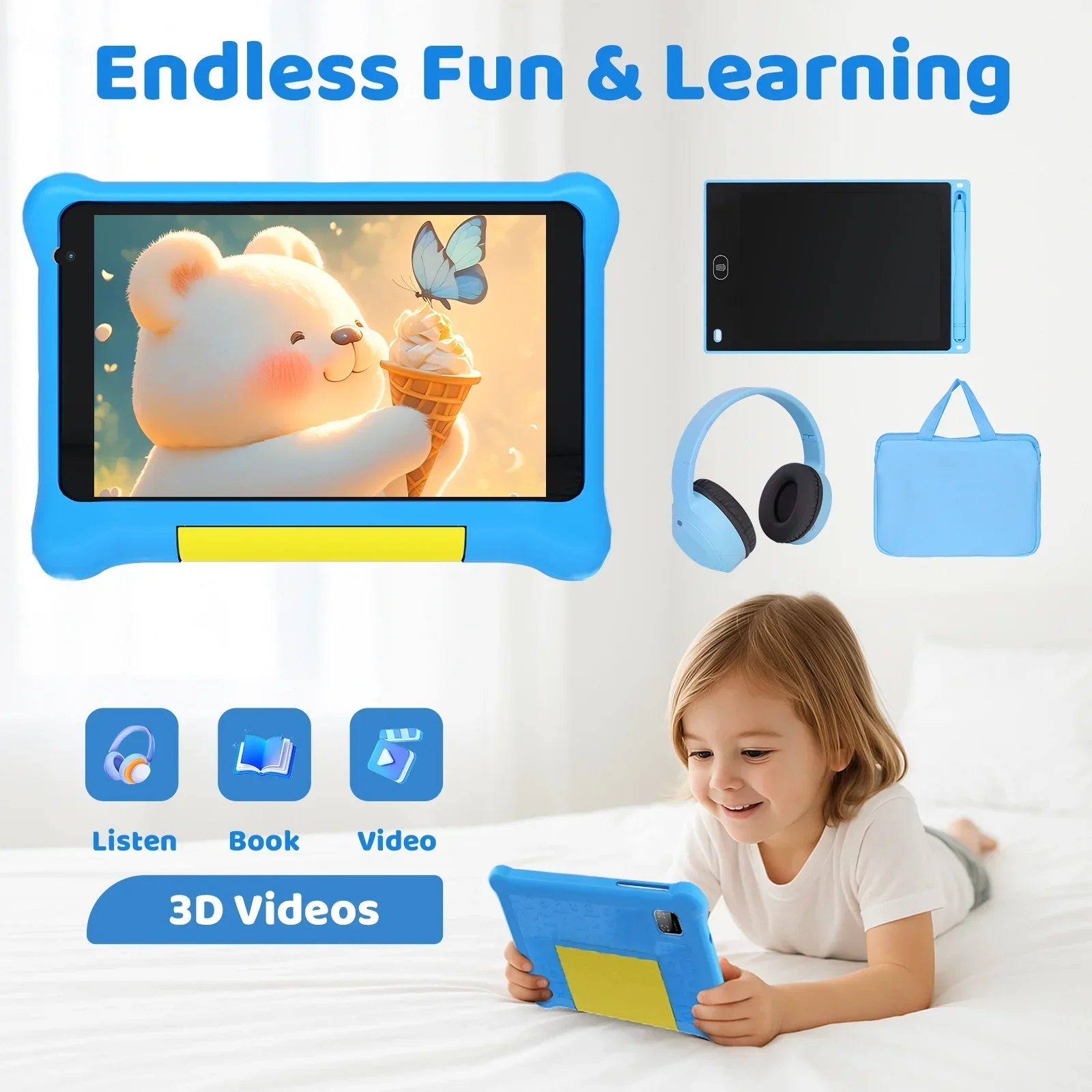 URAO 7 Inch Kids Learning Tablet Bundle Writing Board Drawing Tablet Headphones Stylus Bag Parental Controls Android13 5GB+32GB 3