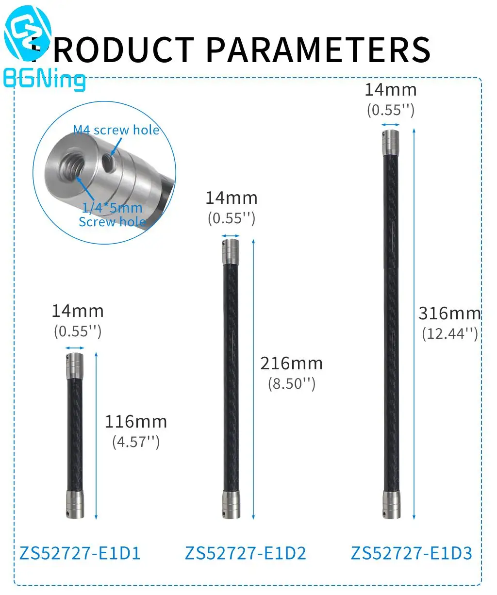 12mm Carbon Fiber Extend Pole Extension Arm 1/4 Selfie Stick Invisible Rod for Gopro DJI Insta360 Action Camera Helmet FOV Mount