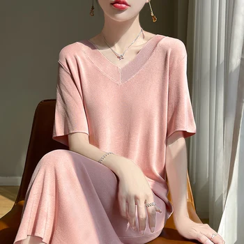 Summer V-Neck Ice Silk Dress Women's Thin Korean Style Fashionable Loose Solid Color Short Sleeved Long Skirt Top 1