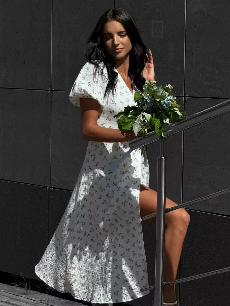Women's Loose Fit Cotton Blend Maxi Dress with V-Neck & Short Sleeves S1dd8bea918464335b531f601c0761e061