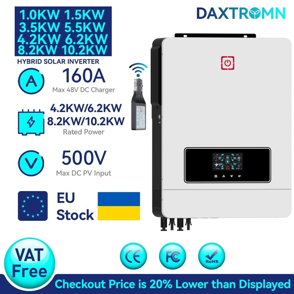 Daxtromn 1KW 3KW 4.2KW 6.2KW 8.2KW 10.2kW Solar Hybrid Inverter 12V 24V 48V 220V 500VDC 160A MPPT Pure Sine Wave Solar inverter
