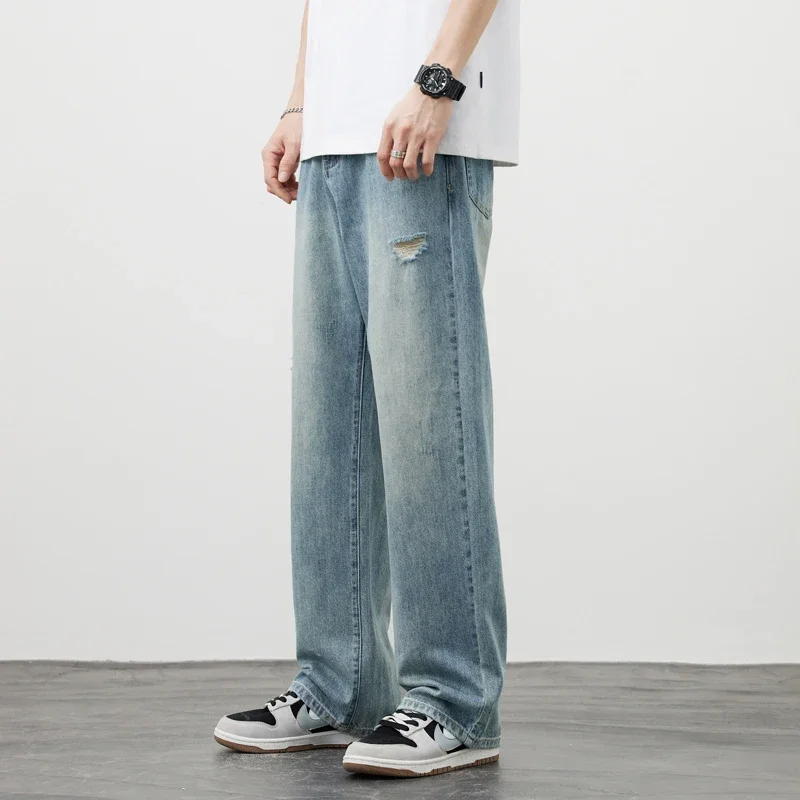 Korea Baggy Jeans Men's Vintage Straight Ripped Y2k Pants Fashion Frayed High Street Distressed Denim Trousers Male Clothes ripped jeans ripped patchwork jeans