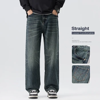 Vintage Jeans Loose Wide Leg Men's Spring New Straight Denim Pants Fashion Embroidered High Street Korean Casual Trousers 1
