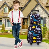 3PCS Kids Rolling Backpack, Boys Roller Wheels Bookbag, Wheeled School Bag with Lunch Bag - Dinosaur 6