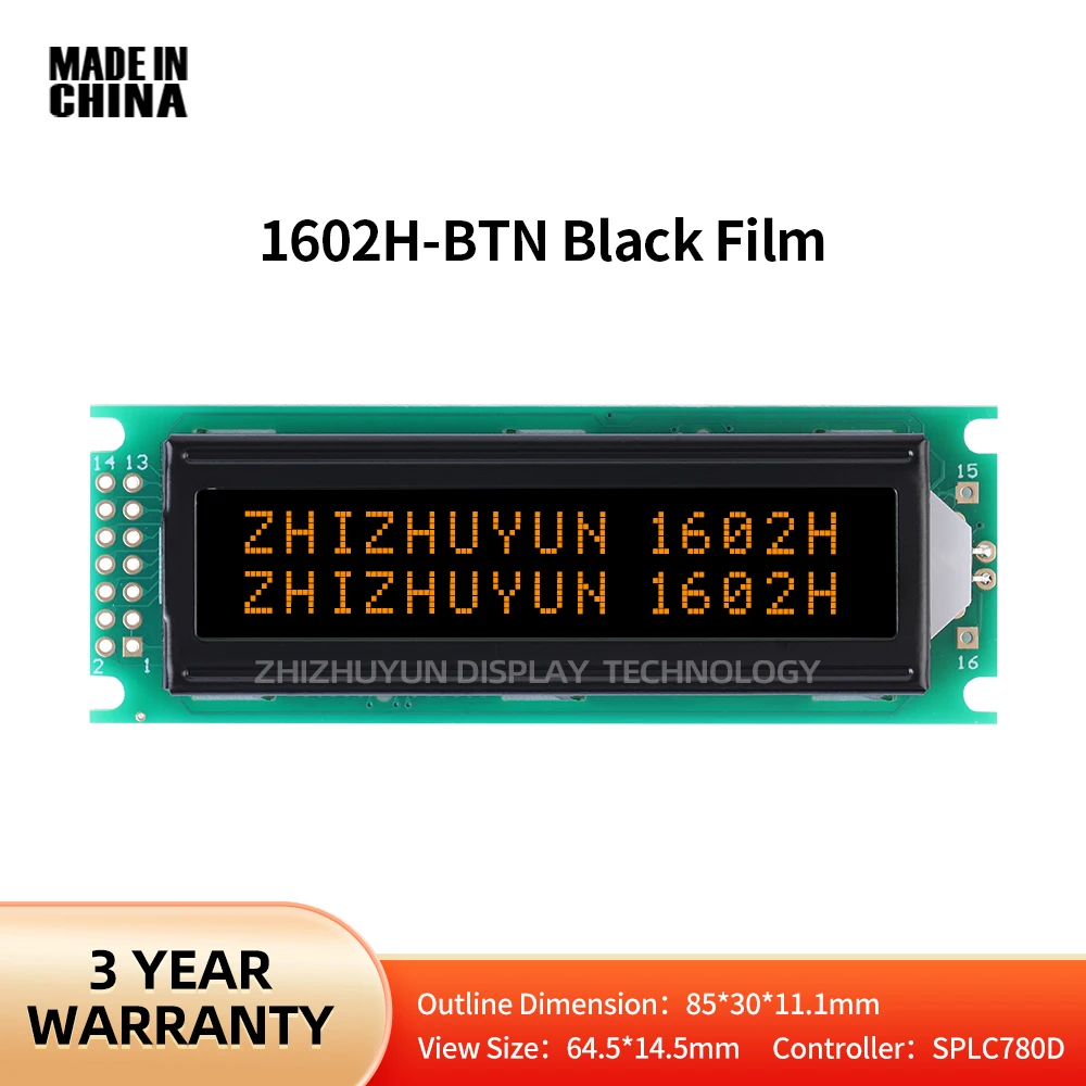 

Export Quality 1602H LCD Display Screen BTN Black Film Orange Font Modular LCD Dot Matrix Screen Multilingual Module