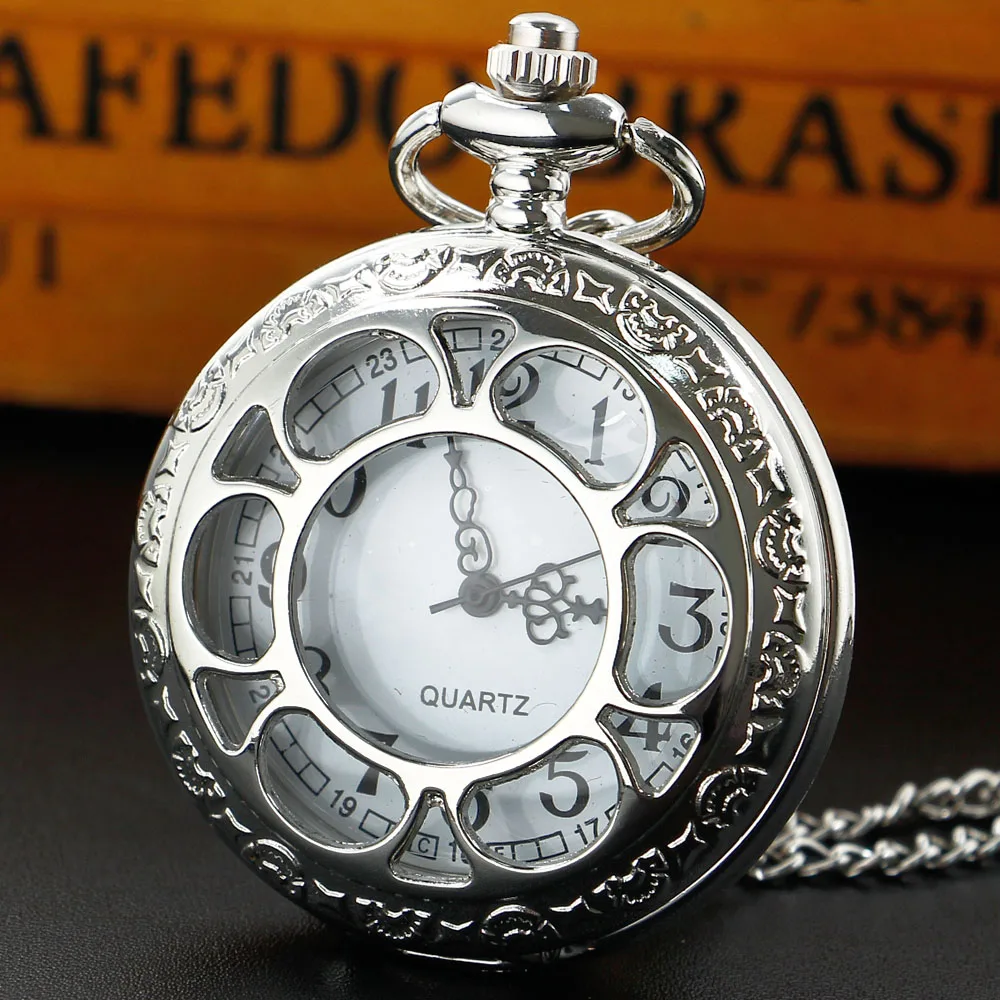 

Silver/Black Hollow Arabic Number Pocket Watch Vintage Punk Women's Men White Dial Necklace Clock Thin Chain reloj de bolsillo