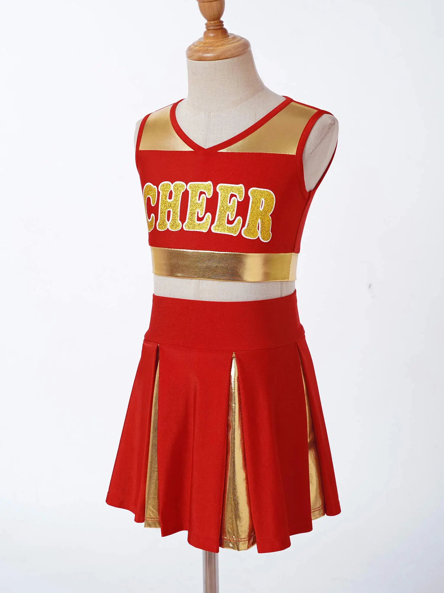 

Kids Girls Patchwork Style Cheerleading Dance Clothes Set Sleeveless V Neckline Letter Print Crop Top with Mini Skirt Stage Show