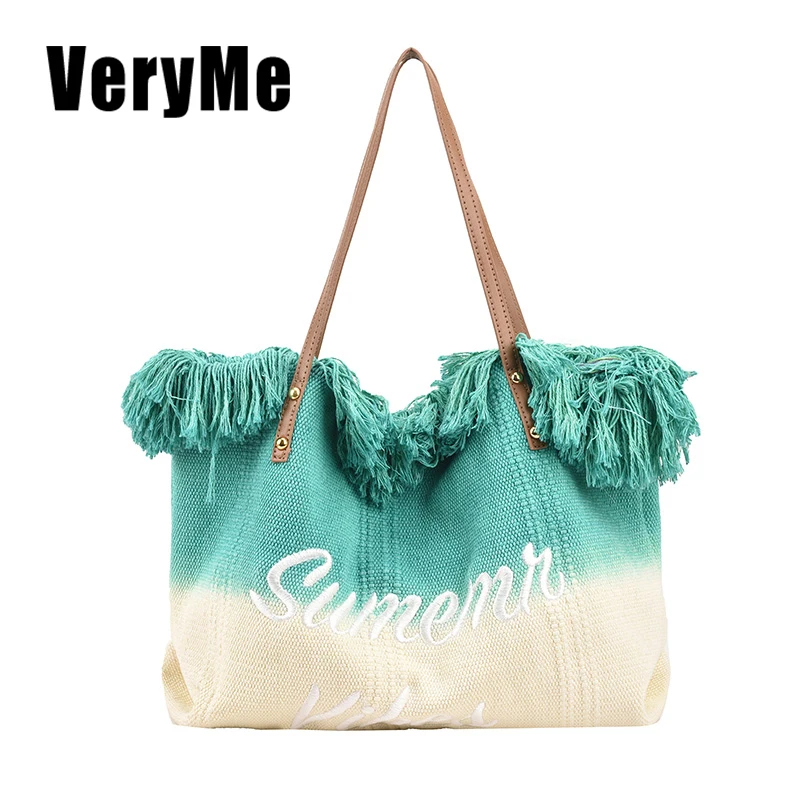 VeryMe Canvas Tassel Shoulder Bags Women's Tote Large Capacity Beach Handbags Fashion Designer Female Travel Pack תיק קנבס לנשים