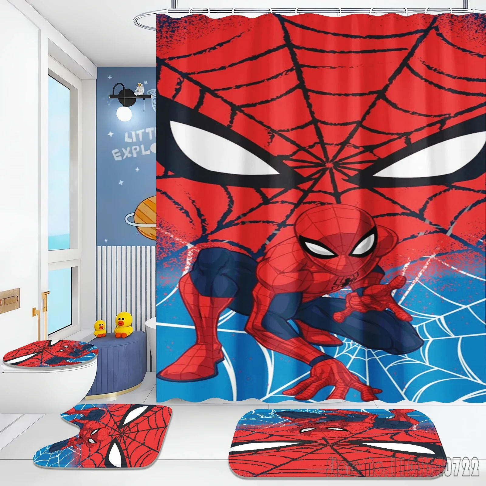 Boys Spider Man Anime Bath Shower Curtain Set 4pcs with Hooks Waterproof Bathroom Toilet Mat Lid Decor 6