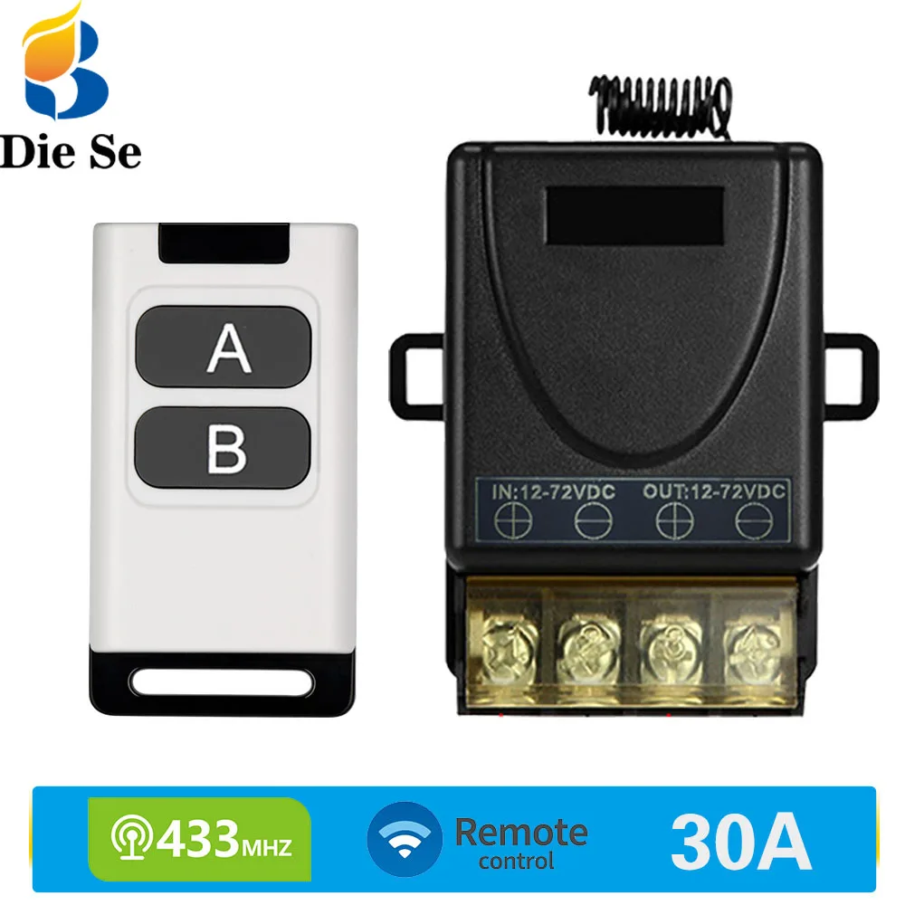 

30A High Power Wireless Remote Control Switch DC 12V 24V 48V 60V 72V Relay Receiver and 433mhz RF Transmitter for Water Pump